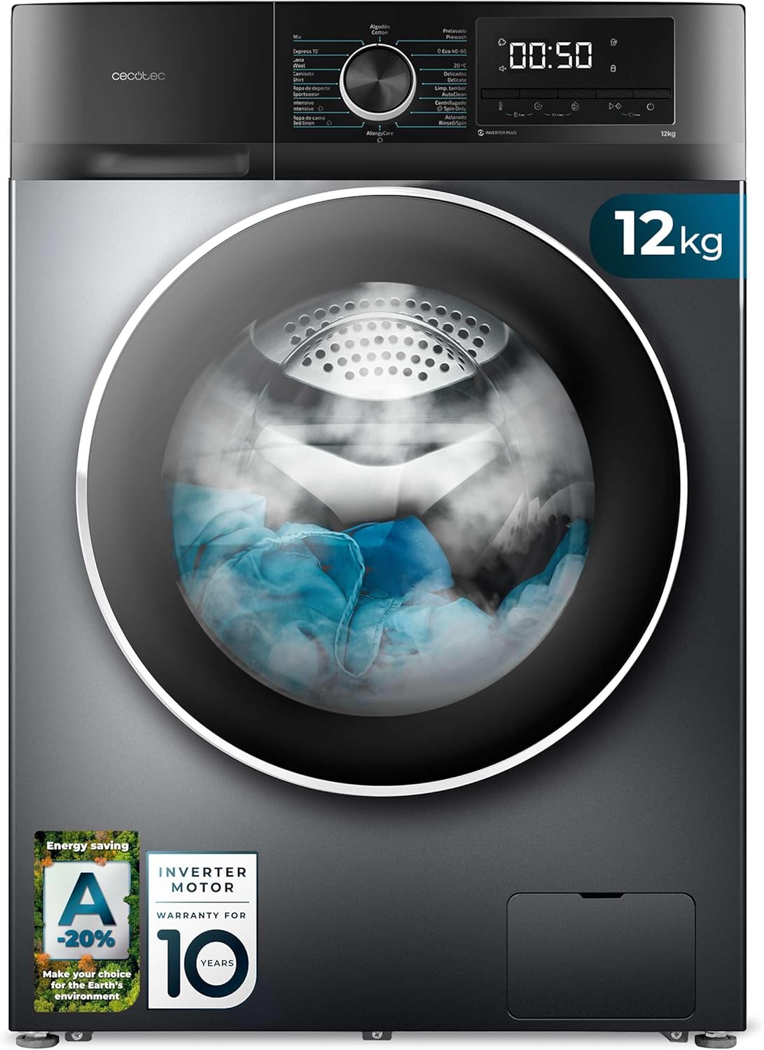 Lavadora Cecotec Bolero Dresscode 9500 Inverter Steel A de 9 kg, Carga Frontal. Potencia 1900W, 1400 rpm, Motor Inverter Plus, Bajo Consumo, 16 Programas, SteamMax, Inicio Diferido, Acero Inoxidable.